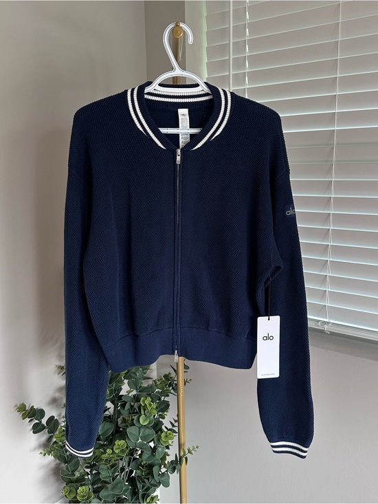 ALO Yoga Sweaters - ALO Yoga Navy Sweater Jacket with White Striped Trim